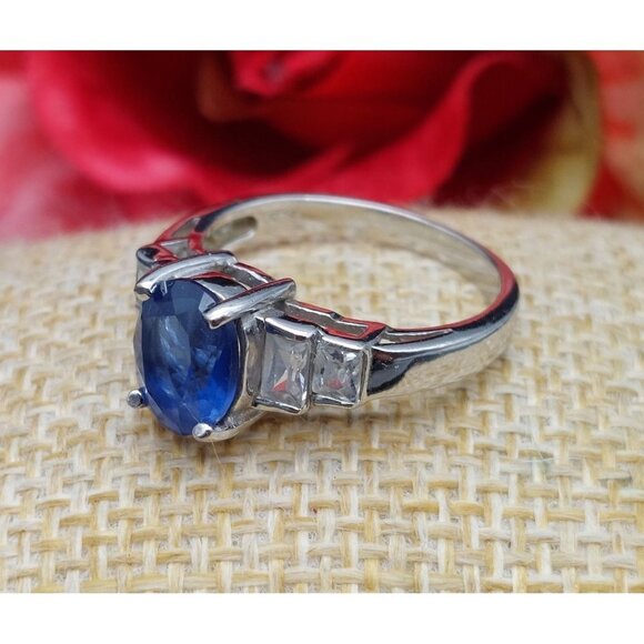 Sterling Silver Cocktail Ring FAS 925 Size 7 Baguette CZ & Blue Center Stone - Picture 3 of 10